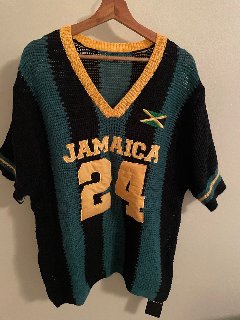 Jamaica Striped Knit Jersey Top with 24 Applique - Black & Green